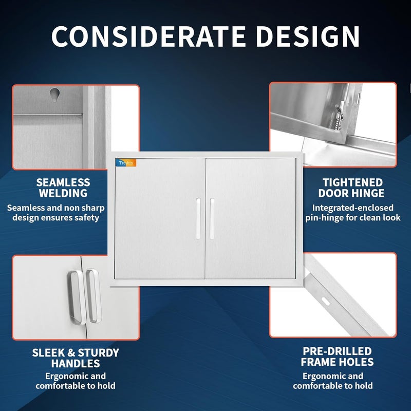 Treshin Outdoor Kitchen Doors 28" W x 21" H, Stainless Steel Double BBQ Access Door with Detachable Handles, Flush Mount, for BBQ Island, Grill Station, Outside Cabinet, Outdoor Kitchen - Image 4